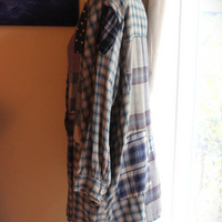 Magnolia Pearl Flannel Cotton Patchwork Shirt with Hand Stitching, Fabric Covered Buttons and 3 Quarter Length Sleeves