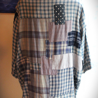Magnolia Pearl Flannel Cotton Patchwork Shirt with Hand Stitching, Fabric Covered Buttons and 3 Quarter Length Sleeves