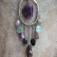 NEW! Brave Soul Necklace with 10 Faceted Tourmaline Gemstones, Unique Freeform Connector, Vintage Link Chain & Toggle Clasp
