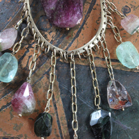 NEW! Brave Soul Necklace with 10 Faceted Tourmaline Gemstones, Unique Freeform Connector, Vintage Link Chain & Toggle Clasp