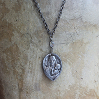 Under His Wings Necklace with Once in a Lifetime Antique Sterling Harden Medal,Antique Faceted Rock Crystal Connector,Solid Sterling Chain & Clasp