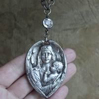 Under His Wings Necklace with Once in a Lifetime Antique Sterling Harden Medal,Antique Faceted Rock Crystal Connector,Solid Sterling Chain & Clasp