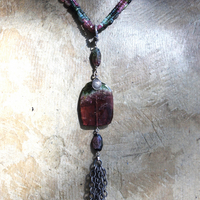 Sold to J Extraordinary Faceted Watermelon Tourmaline Slice Necklace with Multistrand Tourmaline Chains and Sterling Chain Tassel
