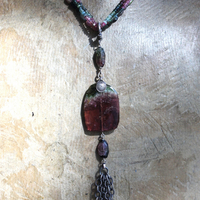 Sold to J Extraordinary Faceted Watermelon Tourmaline Slice Necklace with Multistrand Tourmaline Chains and Sterling Chain Tassel
