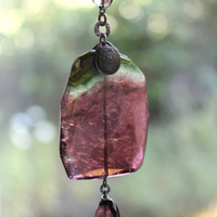 Sold to J Extraordinary Faceted Watermelon Tourmaline Slice Necklace with Multistrand Tourmaline Chains and Sterling Chain Tassel