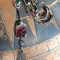 Sold to J Extraordinary Faceted Watermelon Tourmaline Slice Necklace with Multistrand Tourmaline Chains and Sterling Chain Tassel