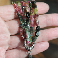 Sold to J Extraordinary Faceted Watermelon Tourmaline Slice Necklace with Multistrand Tourmaline Chains and Sterling Chain Tassel