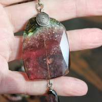 Sold to J Extraordinary Faceted Watermelon Tourmaline Slice Necklace with Multistrand Tourmaline Chains and Sterling Chain Tassel
