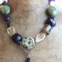 SOLD to J Faceted Gemstone Necklace with Amethyst,Smoky Topaz,Tourmaline,Lemon Quartz,Rock Quartz, Old Royston Turquoise Stones & Premium Black Leather Tassel