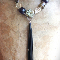 SOLD to J Faceted Gemstone Necklace with Amethyst,Smoky Topaz,Tourmaline,Lemon Quartz,Rock Quartz, Old Royston Turquoise Stones & Premium Black Leather Tassel