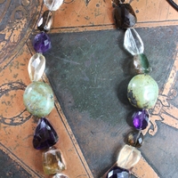 SOLD to J Faceted Gemstone Necklace with Amethyst,Smoky Topaz,Tourmaline,Lemon Quartz,Rock Quartz, Old Royston Turquoise Stones & Premium Black Leather Tassel