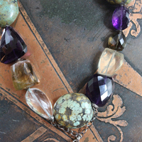 SOLD to J Faceted Gemstone Necklace with Amethyst,Smoky Topaz,Tourmaline,Lemon Quartz,Rock Quartz, Old Royston Turquoise Stones & Premium Black Leather Tassel