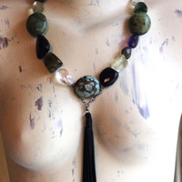 SOLD to J Faceted Gemstone Necklace with Amethyst,Smoky Topaz,Tourmaline,Lemon Quartz,Rock Quartz, Old Royston Turquoise Stones & Premium Black Leather Tassel
