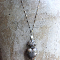 Antique French Marian Flaming Heart Ex Voto Locket Necklace with Antique French Medals, Antique Rosary Mother of Pearl Beads,Unique Antique Chain