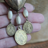 Antique French Marian Flaming Heart Ex Voto Locket Necklace with Antique French Medals, Antique Rosary Mother of Pearl Beads,Unique Antique Chain