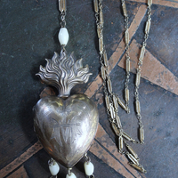 Antique French Marian Flaming Heart Ex Voto Locket Necklace with Antique French Medals, Antique Rosary Mother of Pearl Beads,Unique Antique Chain