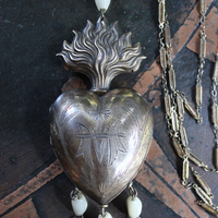 Antique French Marian Flaming Heart Ex Voto Locket Necklace with Antique French Medals, Antique Rosary Mother of Pearl Beads,Unique Antique Chain