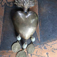 Antique French Marian Flaming Heart Ex Voto Locket Necklace with Antique French Medals, Antique Rosary Mother of Pearl Beads,Unique Antique Chain