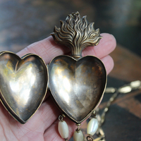 Antique French Marian Flaming Heart Ex Voto Locket Necklace with Antique French Medals, Antique Rosary Mother of Pearl Beads,Unique Antique Chain