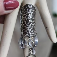 NEW! Be that with Me Ring with Long Sterling Moonscape Band, Polished Rock Quartz Crescent Moons & Star Drops,Tiny Faceted Rock Crystal Tear Drops