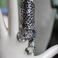 NEW! Be that with Me Ring with Long Sterling Moonscape Band, Polished Rock Quartz Crescent Moons & Star Drops,Tiny Faceted Rock Crystal Tear Drops