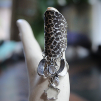 NEW! Be that with Me Ring with Long Sterling Moonscape Band, Polished Rock Quartz Crescent Moons & Star Drops,Tiny Faceted Rock Crystal Tear Drops