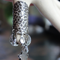 NEW! Be that with Me Ring with Long Sterling Moonscape Band, Polished Rock Quartz Crescent Moons & Star Drops,Tiny Faceted Rock Crystal Tear Drops