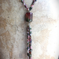 SOLD TO J Extraordinary Watermelon Tourmaline Necklace with Amazing Central Polished Gemstone, Dozens of Sliced Watermelon Pieces & Faceted Gemstone Briolettes