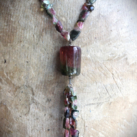 SOLD TO J Extraordinary Watermelon Tourmaline Necklace with Amazing Central Polished Gemstone, Dozens of Sliced Watermelon Pieces & Faceted Gemstone Briolettes