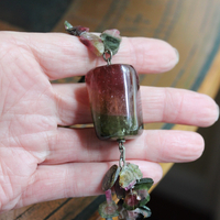SOLD TO J Extraordinary Watermelon Tourmaline Necklace with Amazing Central Polished Gemstone, Dozens of Sliced Watermelon Pieces & Faceted Gemstone Briolettes