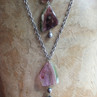 SOLD TO J OOAK Checkerboard Faceted Watermelon Tourmaline Slice Necklace Set with Solid Sterling Chain, Sterling Bead and Antique Wheat Chain Tassel