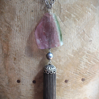 SOLD TO J OOAK Checkerboard Faceted Watermelon Tourmaline Slice Necklace Set with Solid Sterling Chain, Sterling Bead and Antique Wheat Chain Tassel