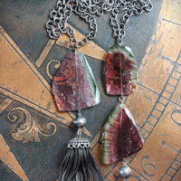 SOLD TO J OOAK Checkerboard Faceted Watermelon Tourmaline Slice Necklace Set with Solid Sterling Chain, Sterling Bead and Antique Wheat Chain Tassel