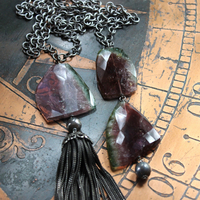 SOLD TO J OOAK Checkerboard Faceted Watermelon Tourmaline Slice Necklace Set with Solid Sterling Chain, Sterling Bead and Antique Wheat Chain Tassel