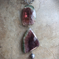 SOLD TO J OOAK Checkerboard Faceted Watermelon Tourmaline Slice Necklace Set with Solid Sterling Chain, Sterling Bead and Antique Wheat Chain Tassel