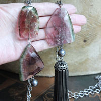 SOLD TO J OOAK Checkerboard Faceted Watermelon Tourmaline Slice Necklace Set with Solid Sterling Chain, Sterling Bead and Antique Wheat Chain Tassel
