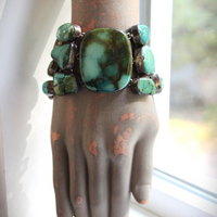 SOLD to J The Healer Bracelet with Sterling Bezel Set Royston Turquoise, Rock Quartz Star,Antique Turquoise Mosaic Bead, Sterling Cross & More!