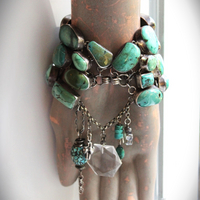 SOLD to J The Healer Bracelet with Sterling Bezel Set Royston Turquoise, Rock Quartz Star,Antique Turquoise Mosaic Bead, Sterling Cross & More!