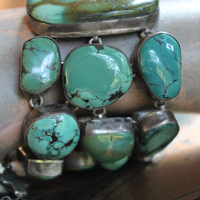 SOLD to J The Healer Bracelet with Sterling Bezel Set Royston Turquoise, Rock Quartz Star,Antique Turquoise Mosaic Bead, Sterling Cross & More!