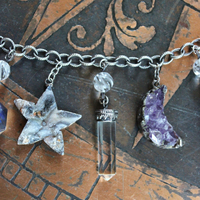 SOLD TO J Earth and Sky Bracelet with Amethyst Crescent Moon,Druzy Star, Organite Drops,Faceted Clear Rock Quartz Point & More!