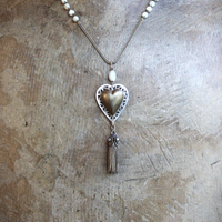 Antique French Carved MOP Heart Necklace with Tiny Antique French Rosary MOP Chain,Unique Antique Foxtail Chain Tassel, Foxtail Chain