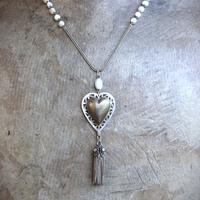 Antique French Carved MOP Heart Necklace with Tiny Antique French Rosary MOP Chain,Unique Antique Foxtail Chain Tassel, Foxtail Chain