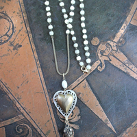 Antique French Carved MOP Heart Necklace with Tiny Antique French Rosary MOP Chain,Unique Antique Foxtail Chain Tassel, Foxtail Chain