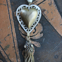 Antique French Carved MOP Heart Necklace with Tiny Antique French Rosary MOP Chain,Unique Antique Foxtail Chain Tassel, Foxtail Chain