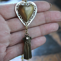 Antique French Carved MOP Heart Necklace with Tiny Antique French Rosary MOP Chain,Unique Antique Foxtail Chain Tassel, Foxtail Chain