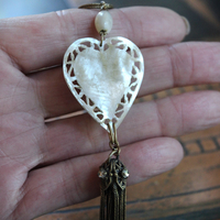 Antique French Carved MOP Heart Necklace with Tiny Antique French Rosary MOP Chain,Unique Antique Foxtail Chain Tassel, Foxtail Chain