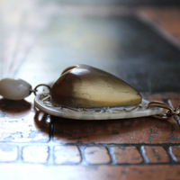 Antique French Carved MOP Heart Necklace with Tiny Antique French Rosary MOP Chain,Unique Antique Foxtail Chain Tassel, Foxtail Chain