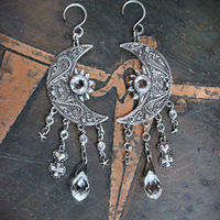 Light Persists Earrings w/Intricate Antique Sterling Crescent Moons, Tiny Sterling Stars, Faceted Rock Crystal Tear Drops,Sterling Heart Cross