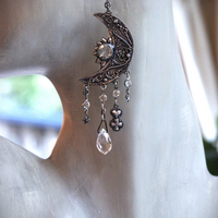 Light Persists Earrings w/Intricate Antique Sterling Crescent Moons, Tiny Sterling Stars, Faceted Rock Crystal Tear Drops,Sterling Heart Cross