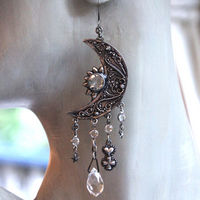 Light Persists Earrings w/Intricate Antique Sterling Crescent Moons, Tiny Sterling Stars, Faceted Rock Crystal Tear Drops,Sterling Heart Cross